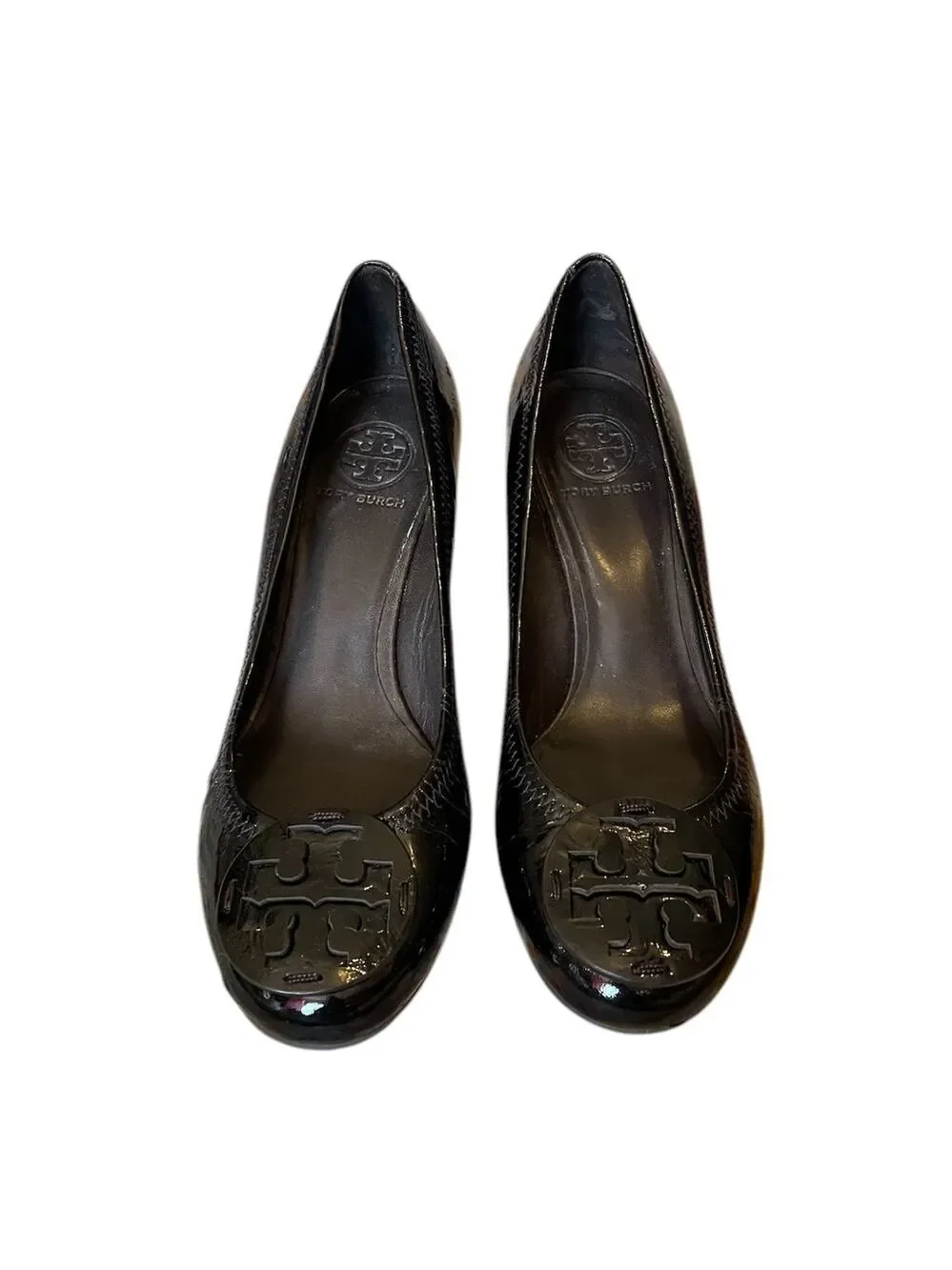 Tory Burch Chelsea Black Patent Leather Block Heels Women's Shoes W/Medallion  7
